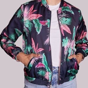 Gap Reversible Floral Bomber Jacket | Pink Tropical Print & Blush | Lightweight